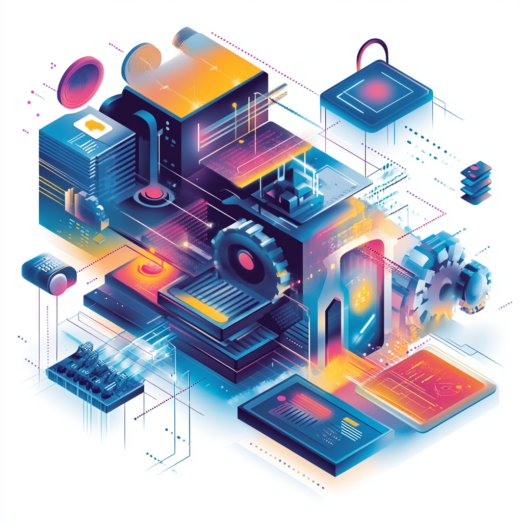 Futuristic, abstract digital twin representation featuring interconnected gears, circuits, and glowing data interfaces. This visually striking design illustrates advanced digital interactive solutions, showcasing the seamless integration of technology, automation, and virtual simulations. A perfect reflection of Chameleon Interactive’s expertise in immersive digital environments and real-time interactive systems.