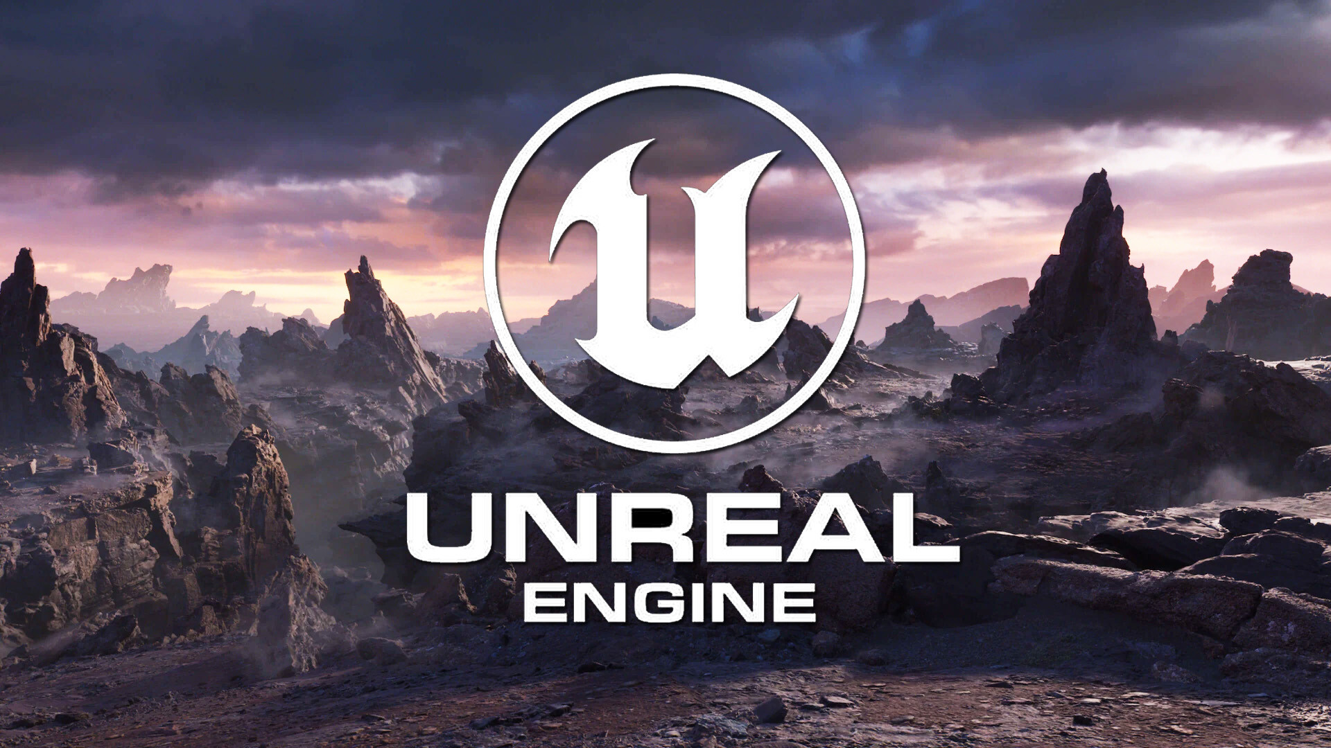 Unreal Engine logo set against a dramatic, rocky landscape with a sunset sky, showcasing the engine's high-quality, realistic rendering capabilities.