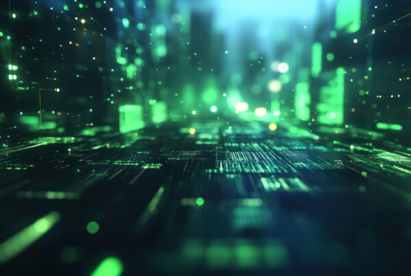 Abstract digital landscape with glowing green lights and futuristic patterns, symbolizing the integration of smart technology and sustainability in audiovisual solutions.
