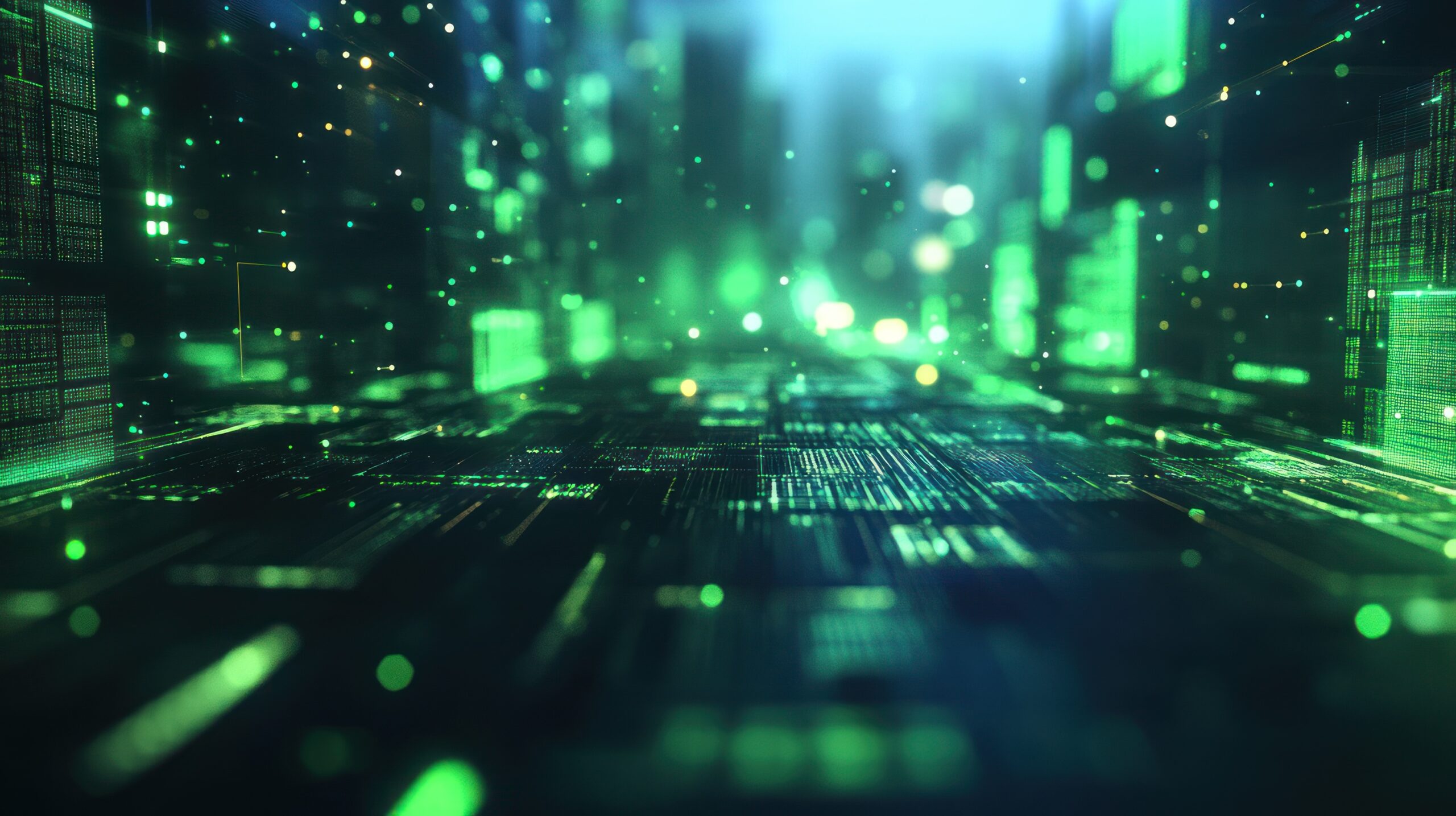 Abstract digital landscape with glowing green lights and futuristic patterns, symbolizing the integration of smart technology and sustainability in audiovisual solutions.