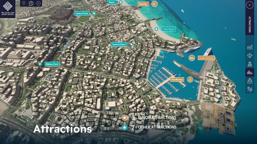 Interactive 3D map of the Jeddah Central Development showcasing key attractions, including Central Park, Ribbon Park, The Marina, and Cruise Terminal, highlighting the use of digital twin technology for real estate and urban visualization and planning.