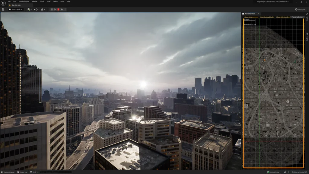 A highly detailed cityscape rendered in Unreal Engine, showcasing digital twin real estate technology with realistic buildings, streets, and lighting. The interface highlights tools for immersive event technology and large-scale urban visualization, demonstrating the power of Unreal Engine for creating interactive and lifelike virtual environments.