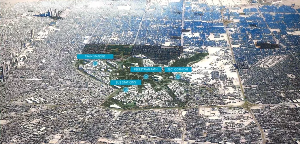 A digital twin visualization of an urban area, highlighting transportation hubs and pathways such as train stations, bus stations, pedestrian paths, and a 360° corniche. This digital twin for real estate illustrates advanced planning and connectivity, showcasing how digital twins are revolutionizing urban infrastructure design and real estate development.