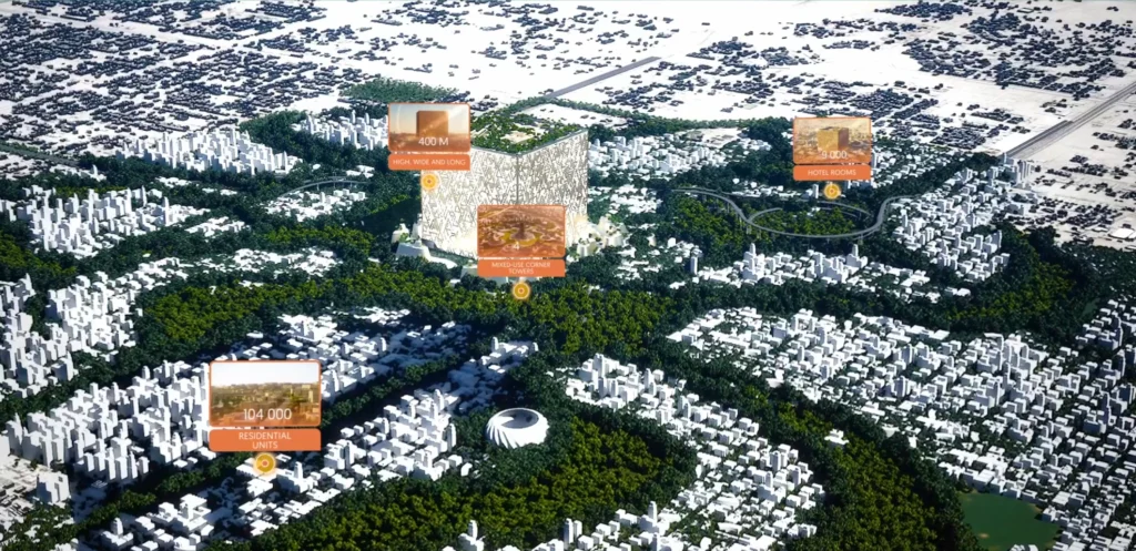 An expansive digital twin visualization of a modern cityscape, featuring detailed interactive elements such as building heights, hotel room counts, and residential units. This digital twin for real estate highlights the integration of data-driven insights into urban planning, showcasing its potential to revolutionize real estate development and management.