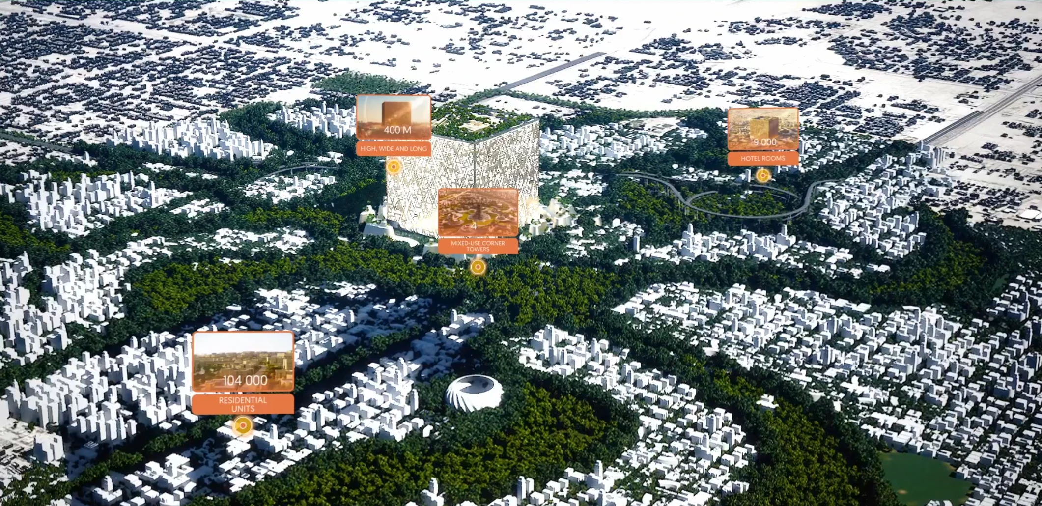 An expansive digital twin visualization of a modern cityscape, featuring detailed interactive elements such as building heights, hotel room counts, and residential units. This digital twin for real estate highlights the integration of data-driven insights into urban planning, showcasing its potential to revolutionize real estate development and management.