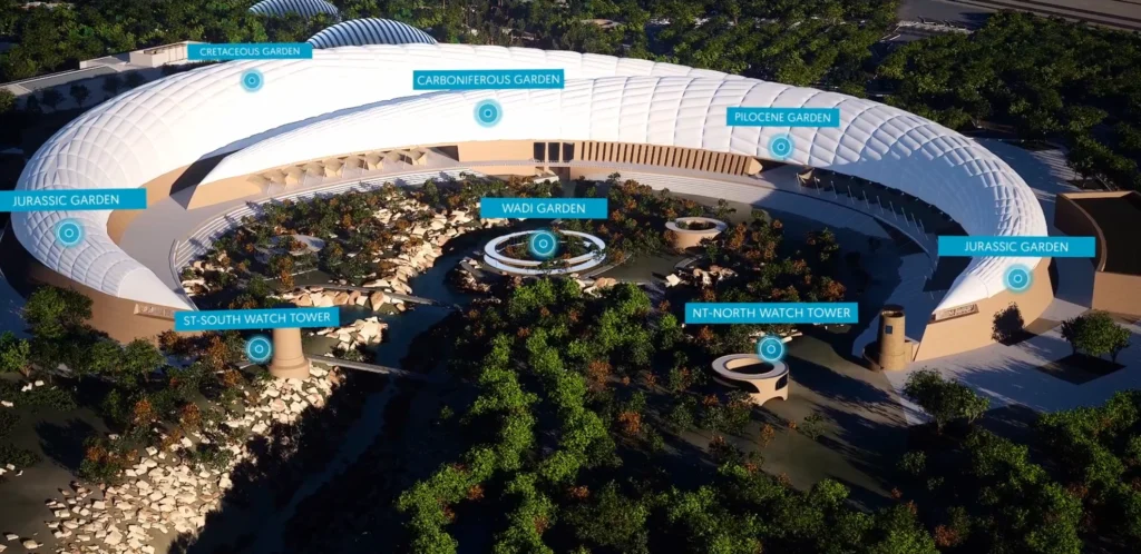 A high-resolution digital visualization of a futuristic architectural structure surrounded by gardens, demonstrating the application of a digital twin in real estate. The image highlights features such as labeled gardens and watchtowers, showcasing how digital twins for real estate projects provide detailed interactive insights into design, planning, and visitor engagement.