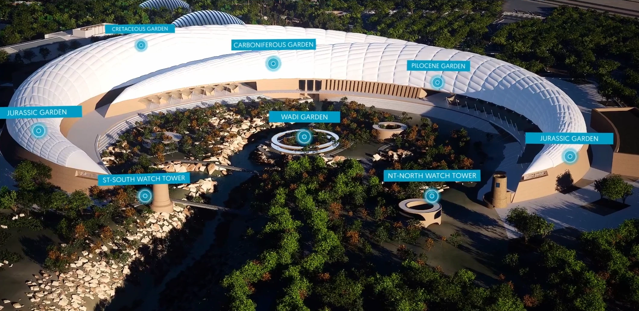A high-resolution digital visualization of a futuristic architectural structure surrounded by gardens, demonstrating the application of a digital twin in real estate. The image highlights features such as labeled gardens and watchtowers, showcasing how digital twins for real estate projects provide detailed interactive insights into design, planning, and visitor engagement.