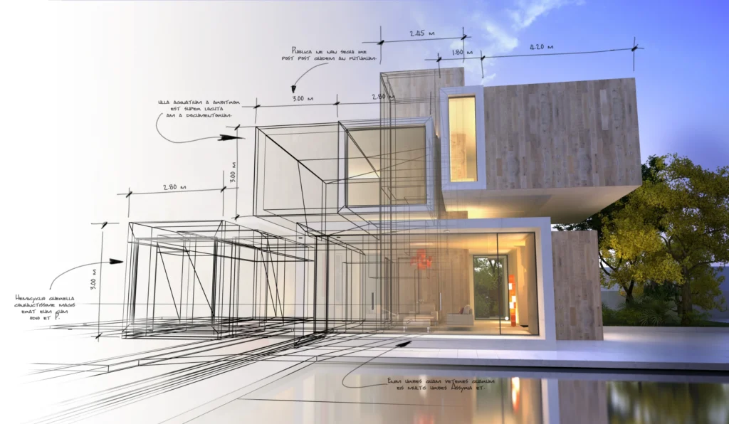 A futuristic visualization of digital twin buildings, showcasing the transition from architectural sketches to a fully rendered modern house. The image illustrates how digital twin technology goes beyond traditional 3D models by integrating real-time data, operational metrics, and interactive features, enhancing the design, construction, and management of smart buildings.