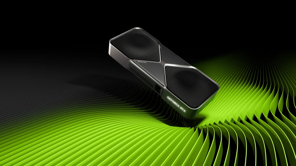 A sleek GeForce RTX 5000 graphics card set against a dynamic green and black wave background, symbolizing cutting-edge performance. The image represents the integration of advanced GPU technology in powering interactive technology for events and enabling high-fidelity digital twin solutions for real estate, revolutionizing visualization and immersive experiences.