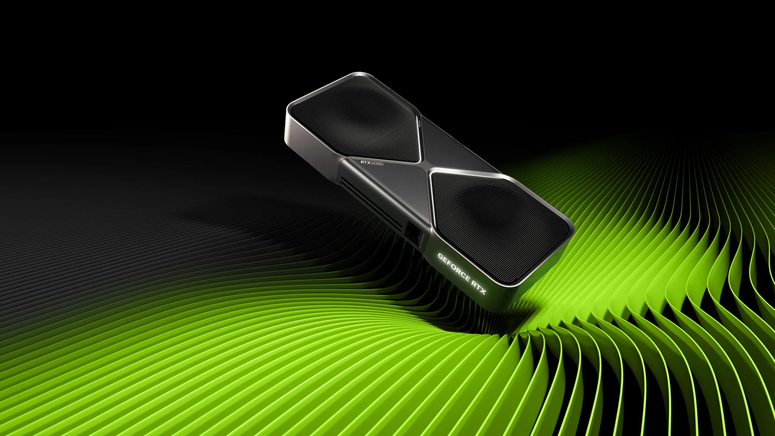A sleek GeForce RTX 5000 graphics card set against a dynamic green and black wave background, symbolizing cutting-edge performance. The image represents the integration of advanced GPU technology in powering interactive technology for events and enabling high-fidelity digital twin solutions for real estate, revolutionizing visualization and immersive experiences.
