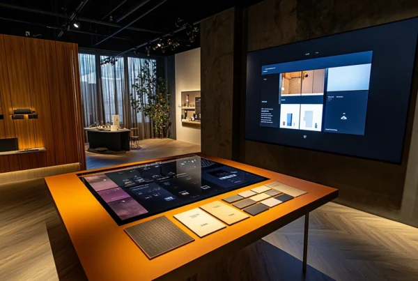 A sleek and modern immersive showroom in Saudi Arabia, featuring an interactive digital display table and a large screen showcasing product configurations. The showroom blends cutting-edge technology with experiential design, allowing visitors to explore materials, finishes, and layouts through hands-on digital experiences, redefining the future of retail and real estate marketing in the region.