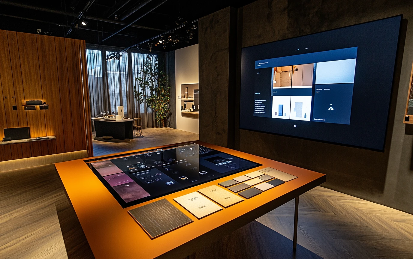A sleek and modern immersive showroom in Saudi Arabia, featuring an interactive digital display table and a large screen showcasing product configurations. The showroom blends cutting-edge technology with experiential design, allowing visitors to explore materials, finishes, and layouts through hands-on digital experiences, redefining the future of retail and real estate marketing in the region.
