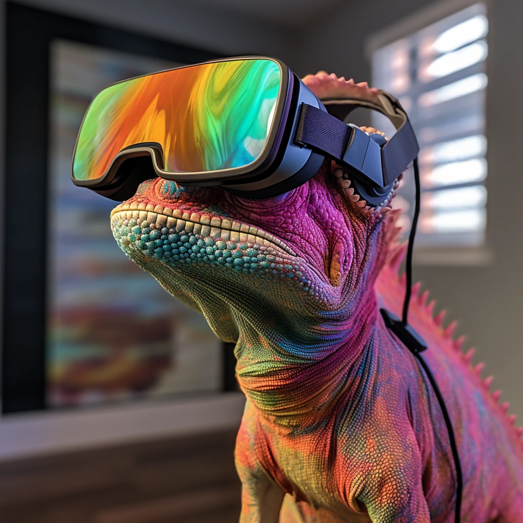 A vibrant, multi-colored chameleon wearing a sleek virtual reality headset, symbolizing immersive digital experiences and cutting-edge interactive solutions. The reflection in the headset displays a dynamic swirl of colors, representing the fusion of digital twin technology and interactive visualization. Perfectly embodying Chameleon Interactive’s expertise in creating engaging digital environments.