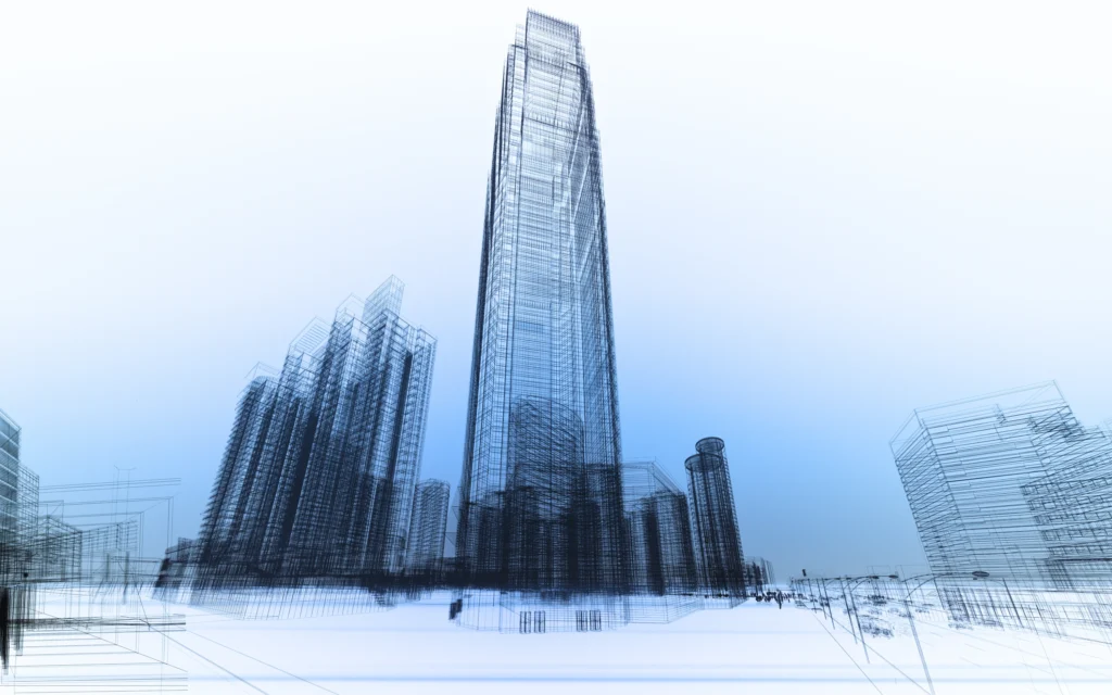 A futuristic AI-driven digital twin visualization of a high-rise urban landscape, illustrating the transformation of Gulf real estate through advanced 3D modeling and real-time data integration. This digital twin technology enhances off-plan marketing in GCC, providing investors and developers in Saudi Arabia real estate and UAE real estate with interactive insights. Leveraging AI in real estate operations, the model optimizes resource allocation, infrastructure planning, and tenant satisfaction in the Gulf, redefining urban development strategies.