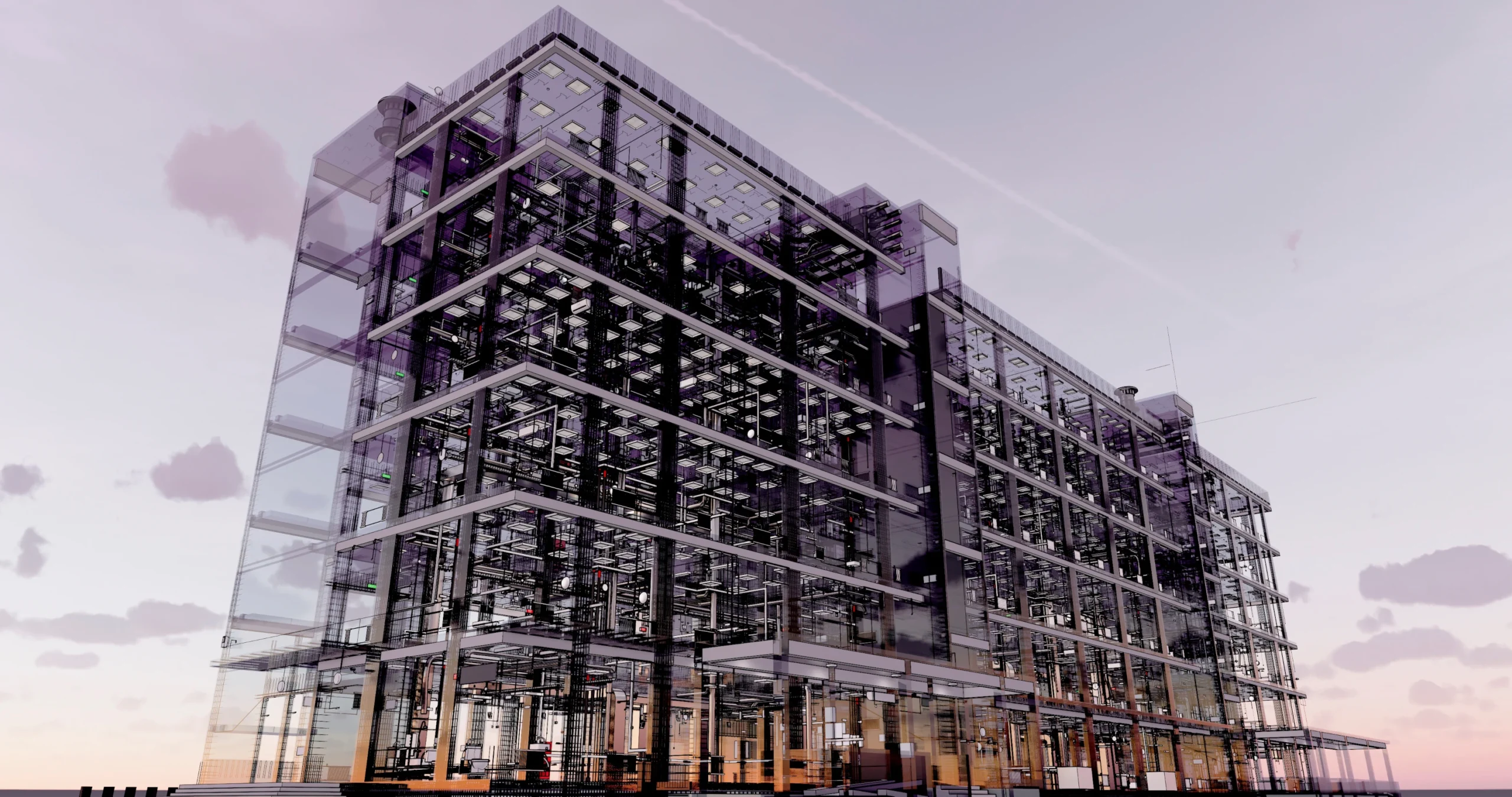 A high-tech digital twin model of a modern building, showcasing detailed structural components and internal systems. This data-driven visualization highlights how digital twins streamline construction timelines, enhance project transparency, and minimize risks by integrating real-time data, predictive analytics, and cost control measures—key factors in managing large-scale projects in the GCC region.