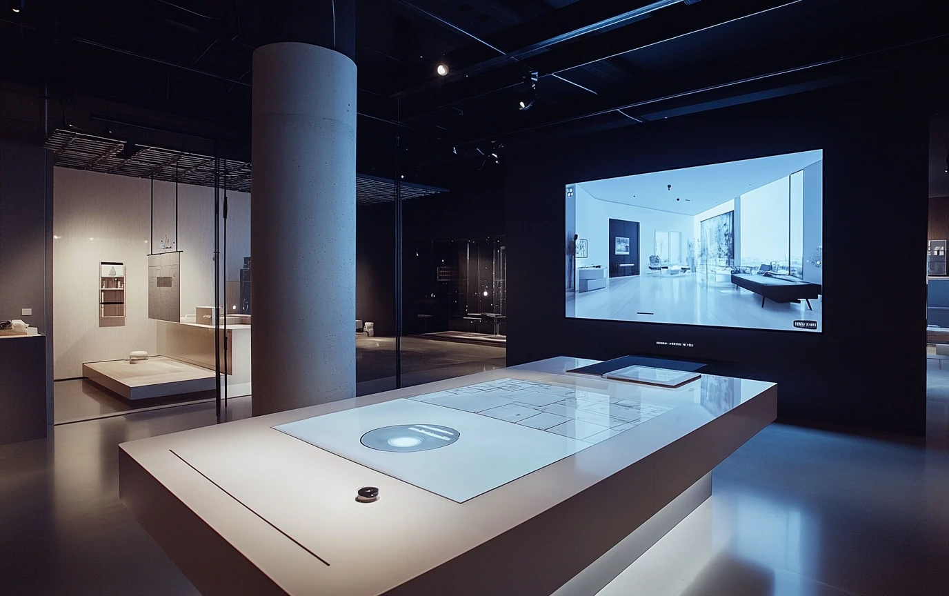 A futuristic immersive showroom in Saudi Arabia, featuring an interactive digital touch table and a large screen displaying a high-resolution virtual interior. The space blends cutting-edge visualization technology with experiential retail, allowing visitors to explore floor plans, design choices, and real-time customizations. This innovative showroom concept enhances customer engagement and redefines real estate and luxury retail experiences in the region.