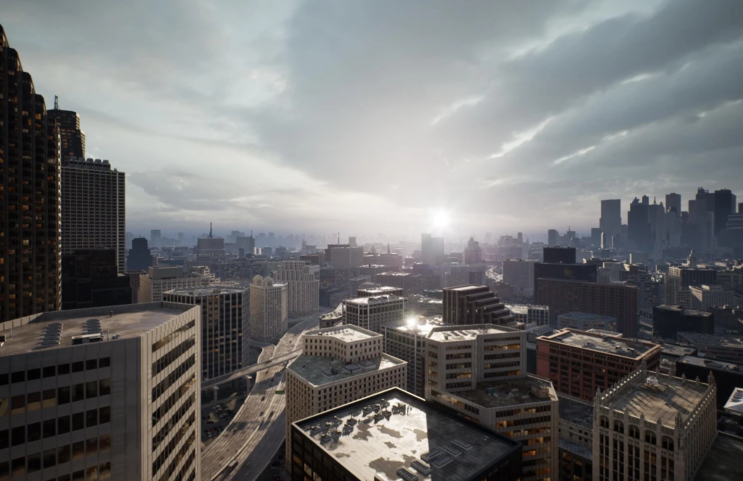 A highly detailed cityscape rendered in Unreal Engine, showcasing digital twin real estate technology with realistic buildings, streets, and lighting. The interface highlights tools for immersive event technology and large-scale urban visualization, demonstrating the power of Unreal Engine for creating interactive and lifelike virtual environments.