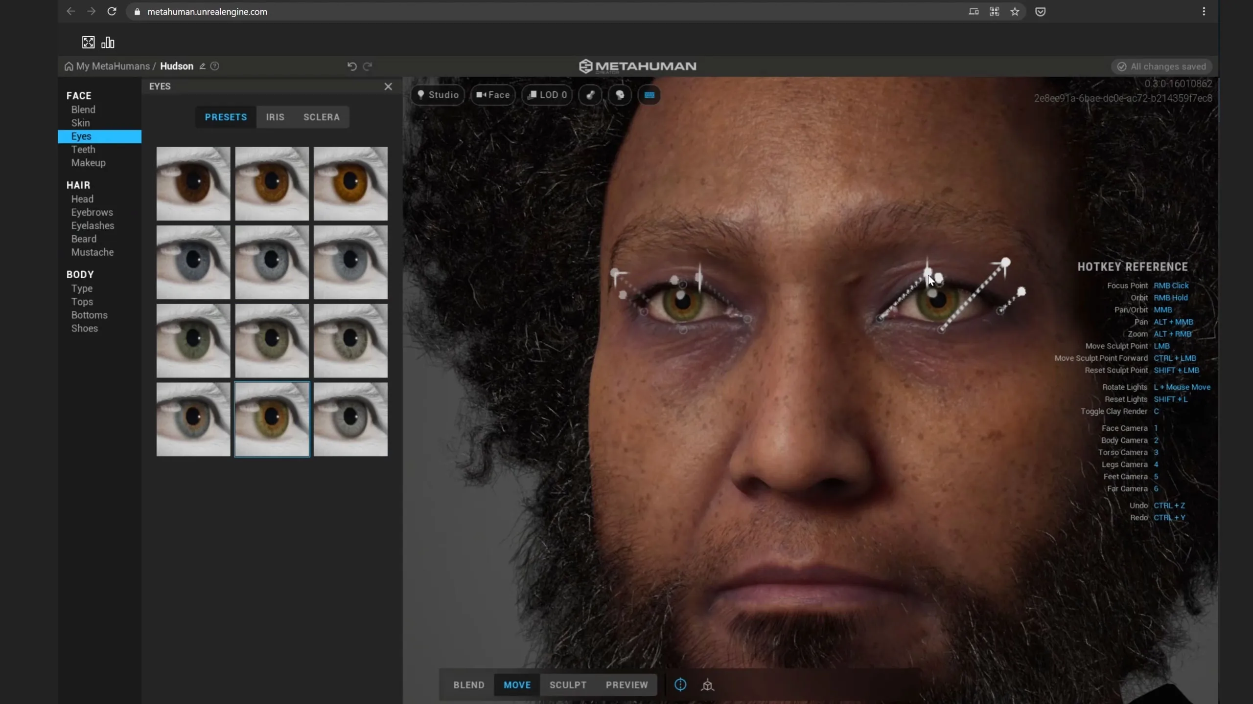 A detailed interface view of the MetaHuman Creator platform, showcasing the customization of a highly realistic digital human, including options for eye color, facial features, and hair. This technology exemplifies the next generation of AI-Avatar Kiosks, enabling lifelike, interactive avatars for customer service, retail experiences, and immersive brand engagement.