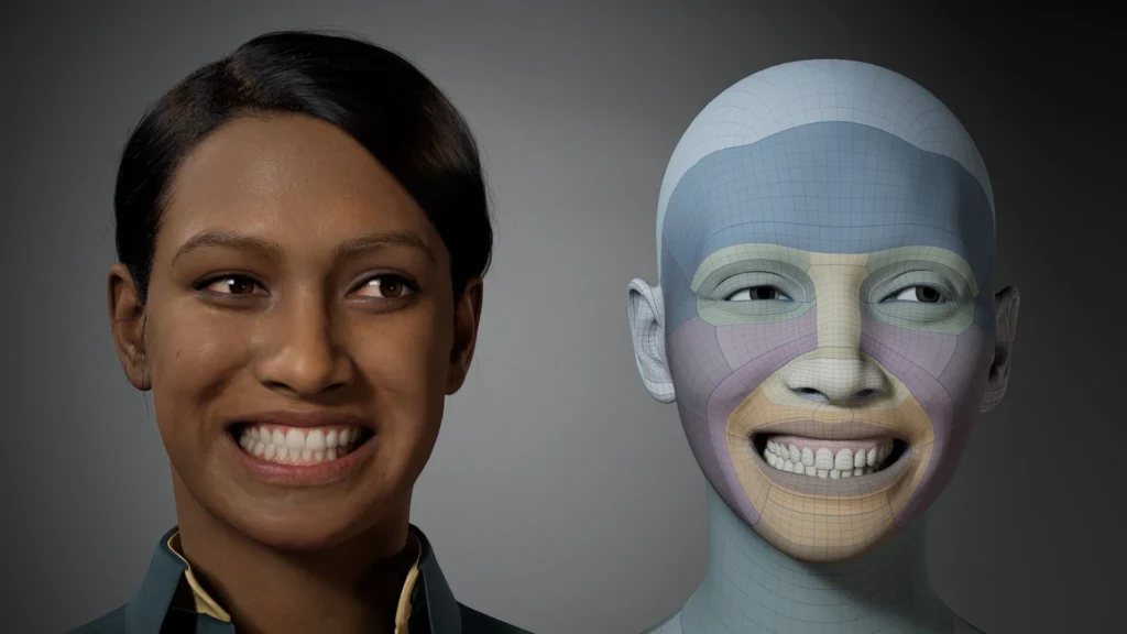 A side-by-side comparison of a highly realistic digital human and its underlying 3D facial mesh, showcasing advanced facial animation technology. This visual highlights the capabilities behind AI-Avatar Kiosks, where lifelike avatars deliver interactive, human-like customer service and immersive brand experiences in retail, hospitality, and cultural spaces.
