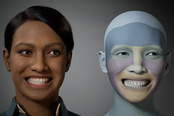 A side-by-side comparison of a highly realistic digital human and its underlying 3D facial mesh, showcasing advanced facial animation technology. This visual highlights the capabilities behind AI-Avatar Kiosks, where lifelike avatars deliver interactive, human-like customer service and immersive brand experiences in retail, hospitality, and cultural spaces.