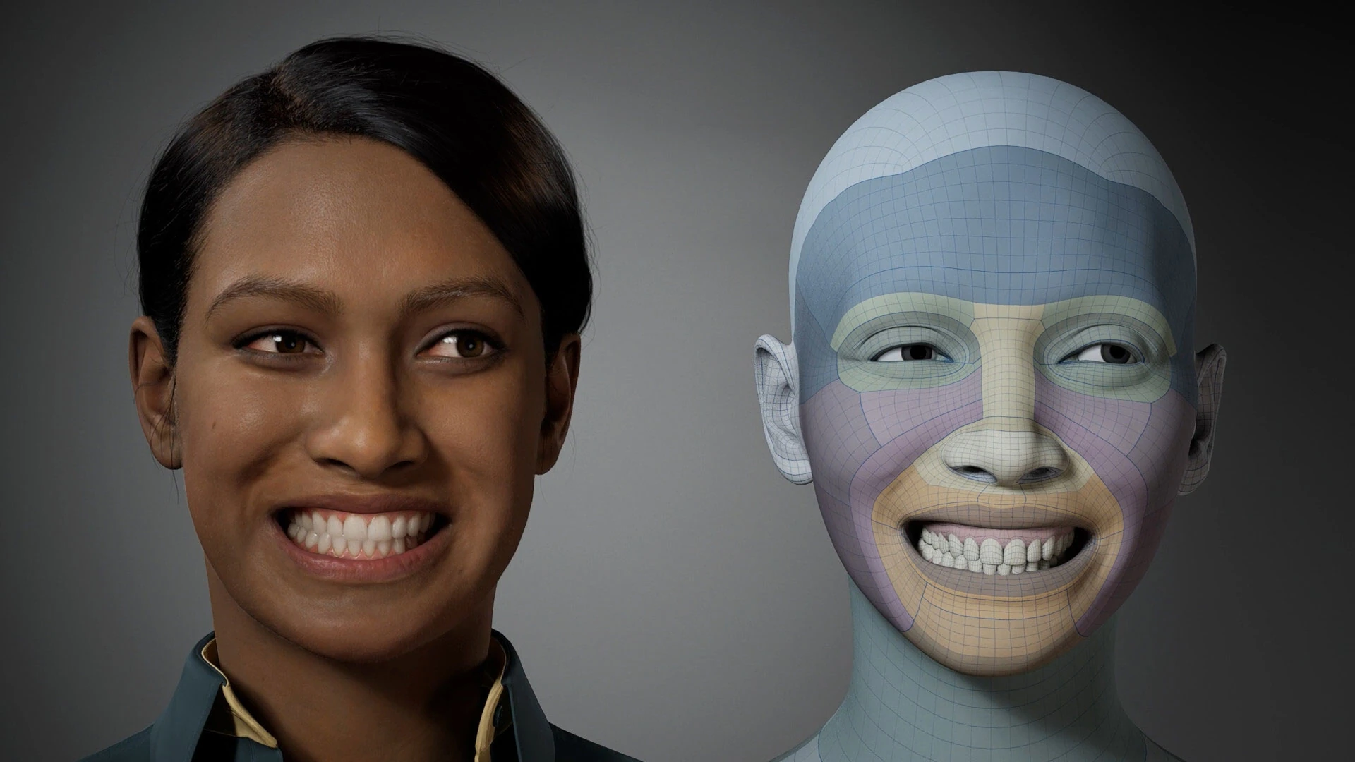 A side-by-side comparison of a highly realistic digital human and its underlying 3D facial mesh, showcasing advanced facial animation technology. This visual highlights the capabilities behind AI-Avatar Kiosks, where lifelike avatars deliver interactive, human-like customer service and immersive brand experiences in retail, hospitality, and cultural spaces.