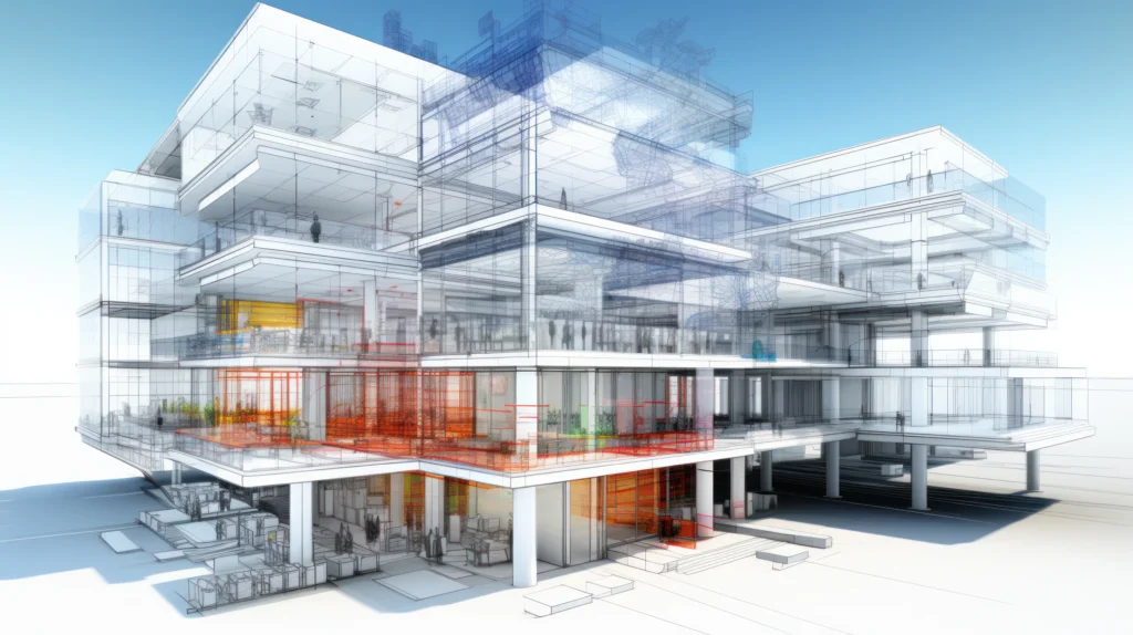 Streaming Digital Twin of a contemporary glass-and-steel office complex, showing layered BIM data streams in vibrant red and blue overlays.