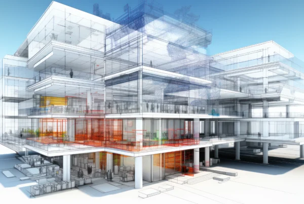Streaming Digital Twin of a contemporary glass-and-steel office complex, showing layered BIM data streams in vibrant red and blue overlays.