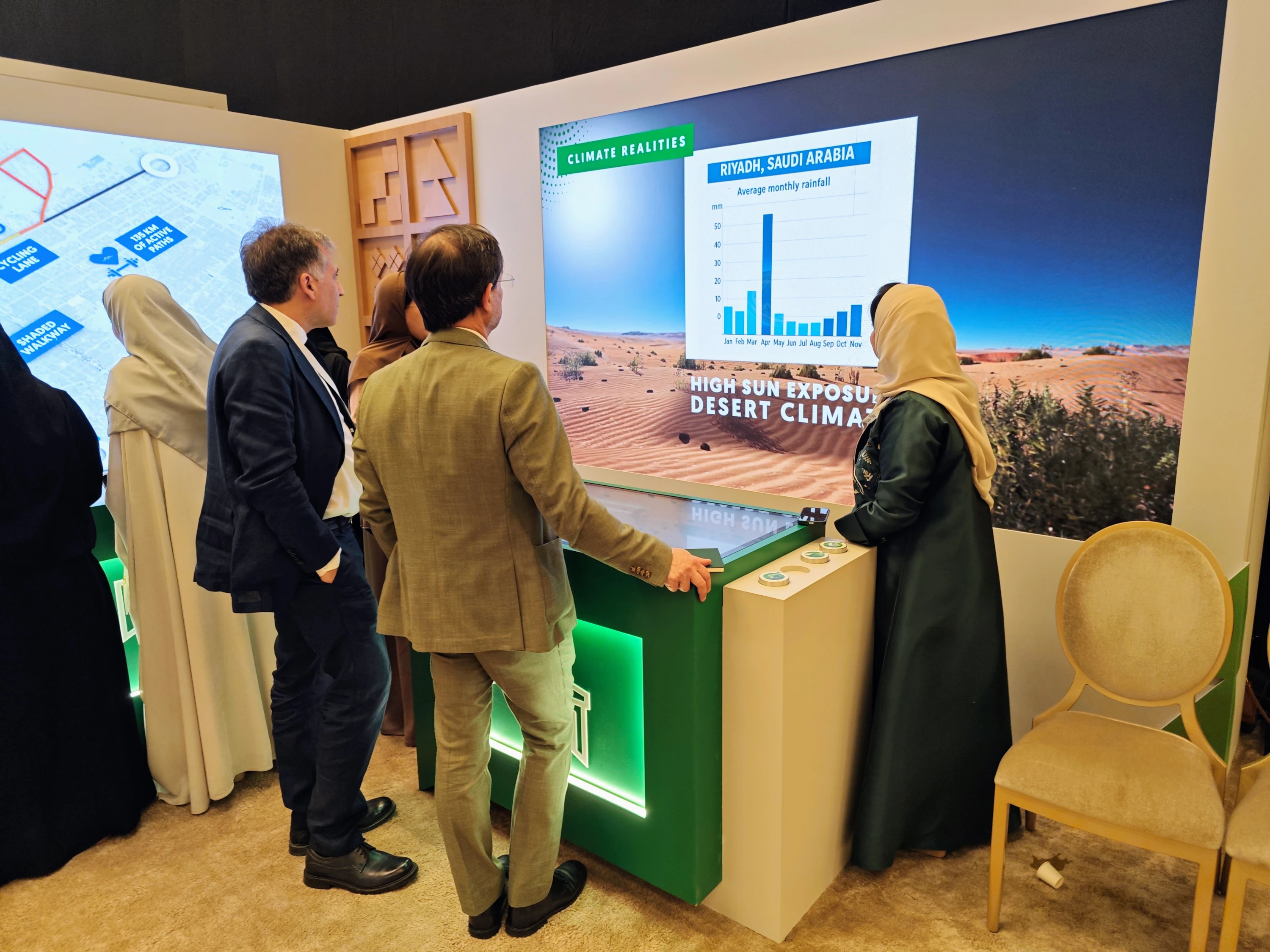 Four conference attendees gather around a large touch-screen gamified lead-capture booth displaying climate data for Riyadh, Saudi Arabia, while a presenter guides them through the interactive kiosk.