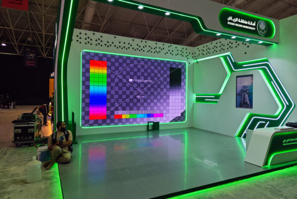 LED wall calibration at the Riyadh Region Municipality booth—test pattern displayed while installing the Riyadh Digital Twin at Future Projects Forum.