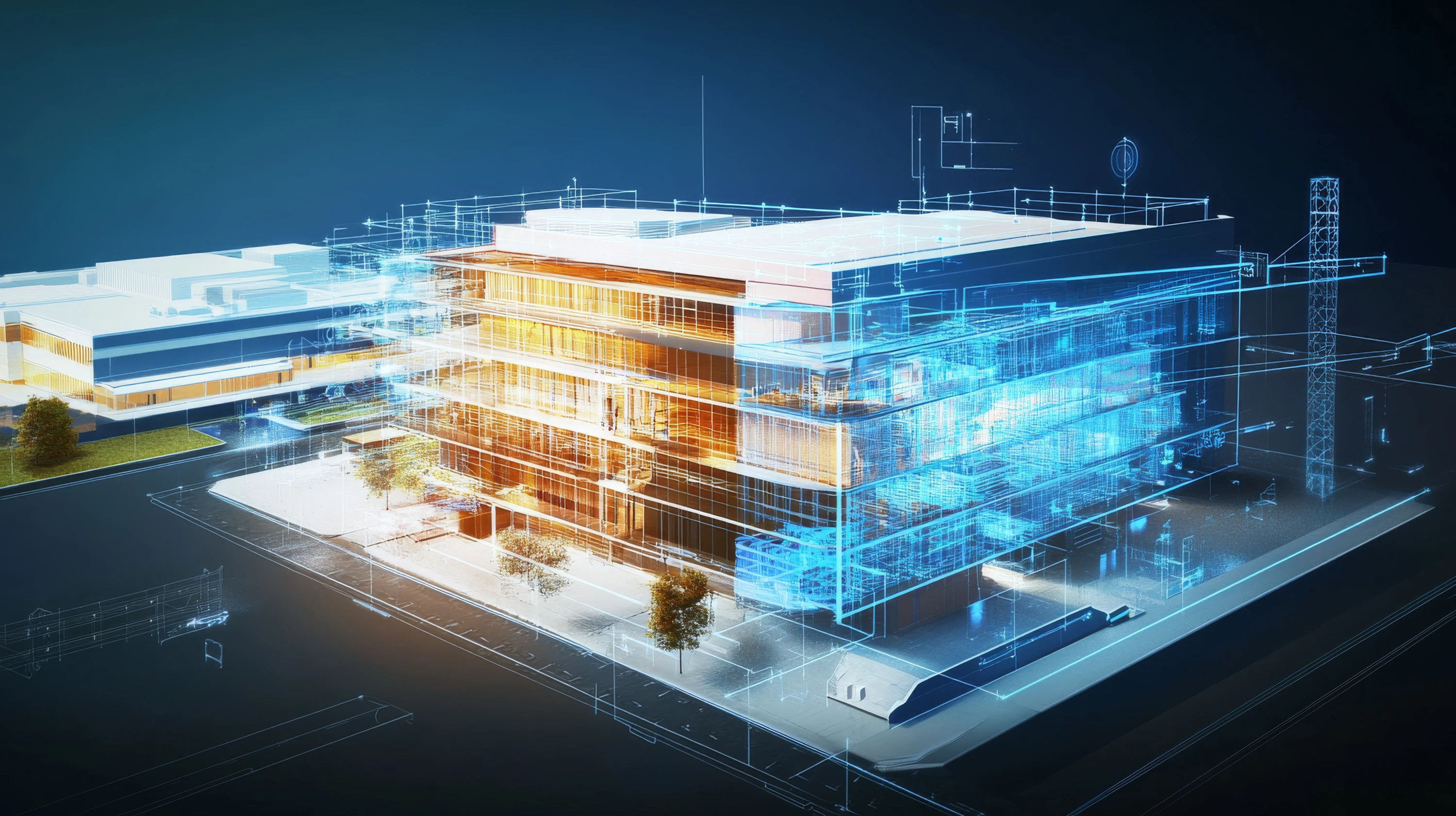 High fidelity real estate digital twin of an office building, showing layered data and 3D structure in Unreal Engine.