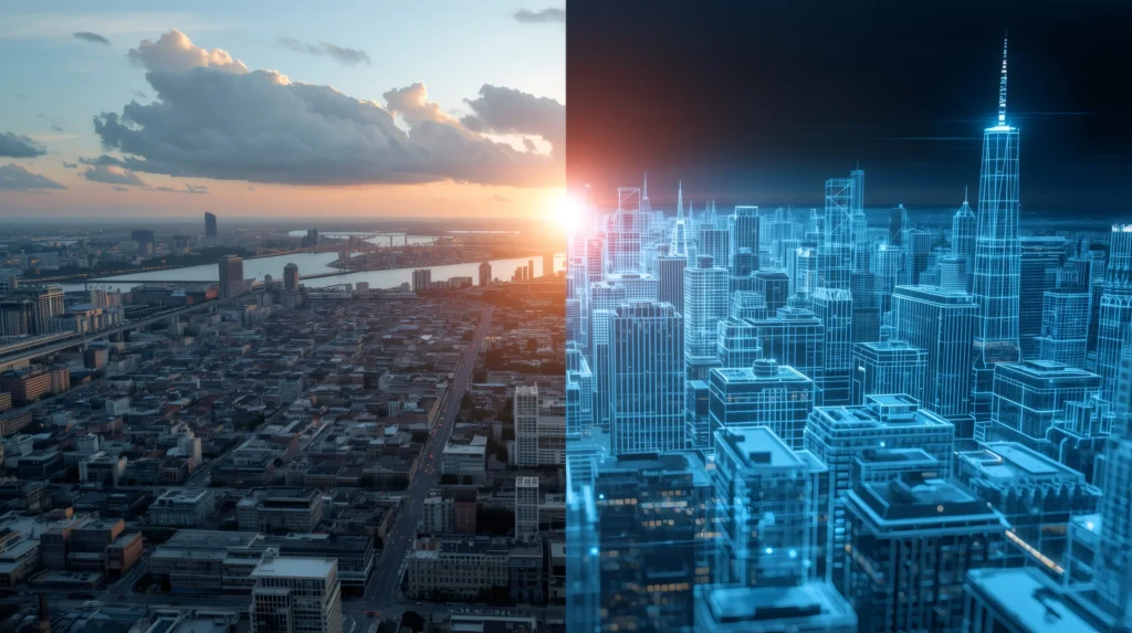 Comparison of a real city skyline with its blue wireframe digital twin, illustrating data driven urban visualization.