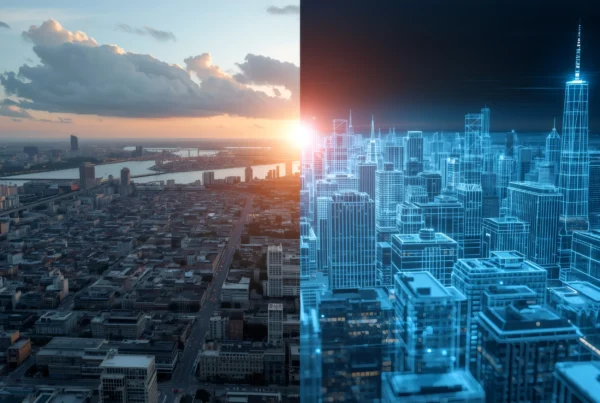 Comparison of a real city skyline with its blue wireframe digital twin, illustrating data driven urban visualization.