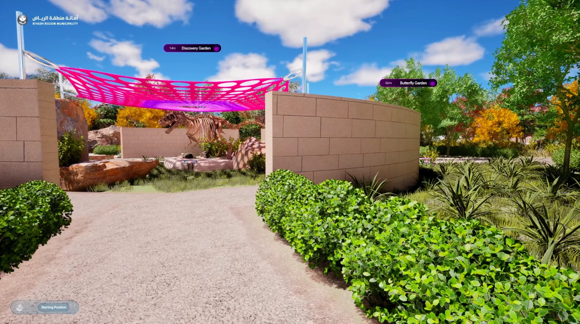 Immersive real time walkthrough inside a park digital twin, showing detailed landscaping, signage and thematic installations.