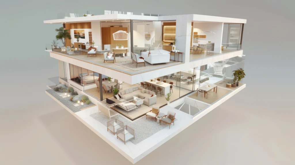 3D sectional view of a premium residential interior, illustrating how digital twin-style presentation helps buyers explore layout, design, and spatial relationships more clearly than static CGI.