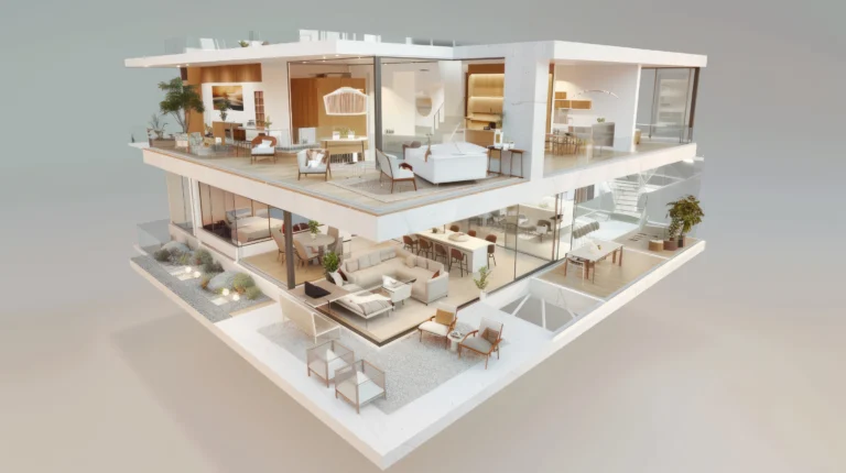 Cutaway visualization revealing the rooms and layout of a residential interior.