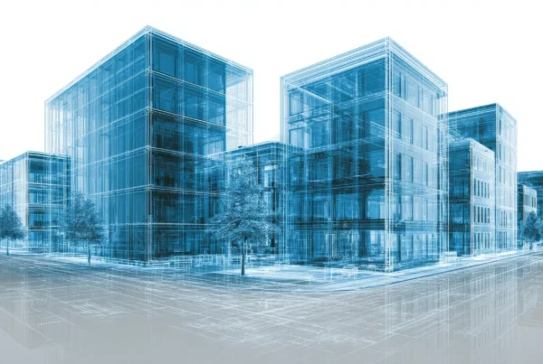 Digital twin wireframe visualization of modern real estate buildings in a blue transparent 3D model style.