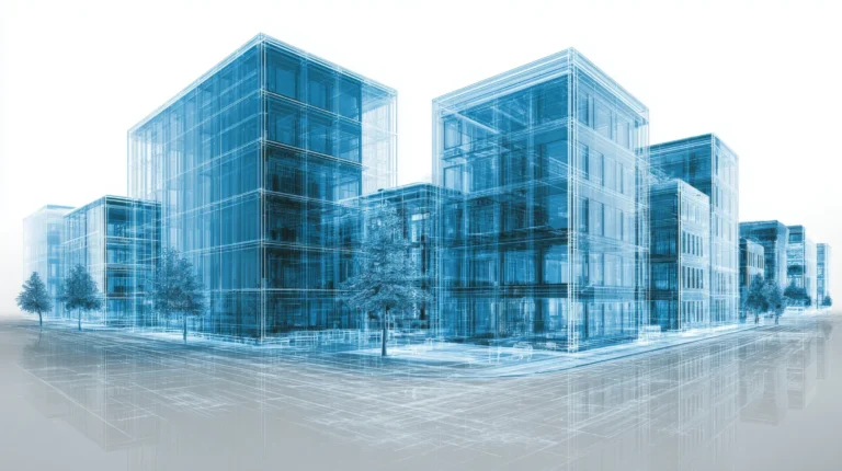 Blue wireframe digital twin of a modern residential development.