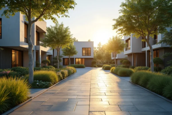 Photorealistic real estate visualization of a modern residential development with landscaped pathways and evening sunlight.