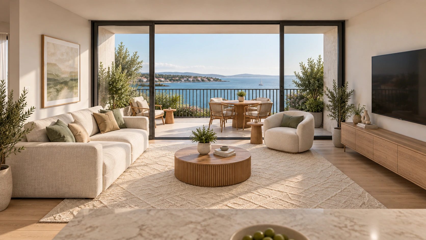Interior of the same Waterfront Residences apartment, with a cream sofa, oak furnishings and a waterfront balcony.