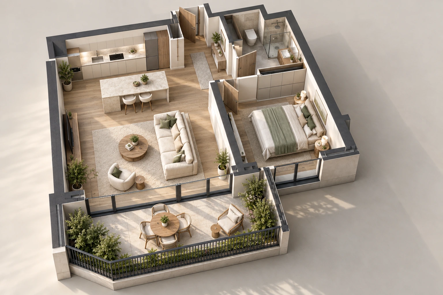 Isometric view of the Waterfront Residences apartment, showing the kitchen, living room, bedroom and waterfront balcony.