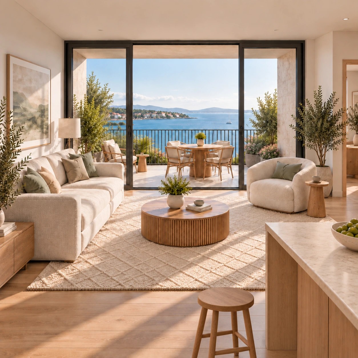 Square view of a waterfront apartment from the kitchen toward the living room and balcony, with cream furnishings, warm oak and natural daylight.