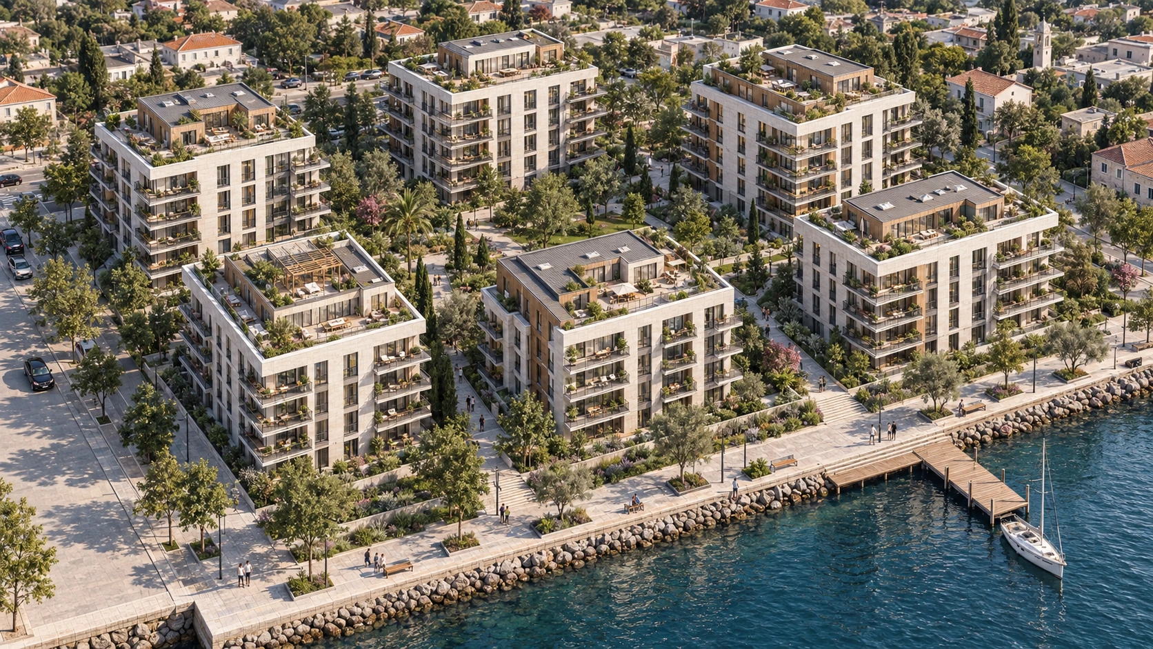 Aerial masterplan of Waterfront Residences with six residential buildings, landscaped gardens and a waterfront promenade.